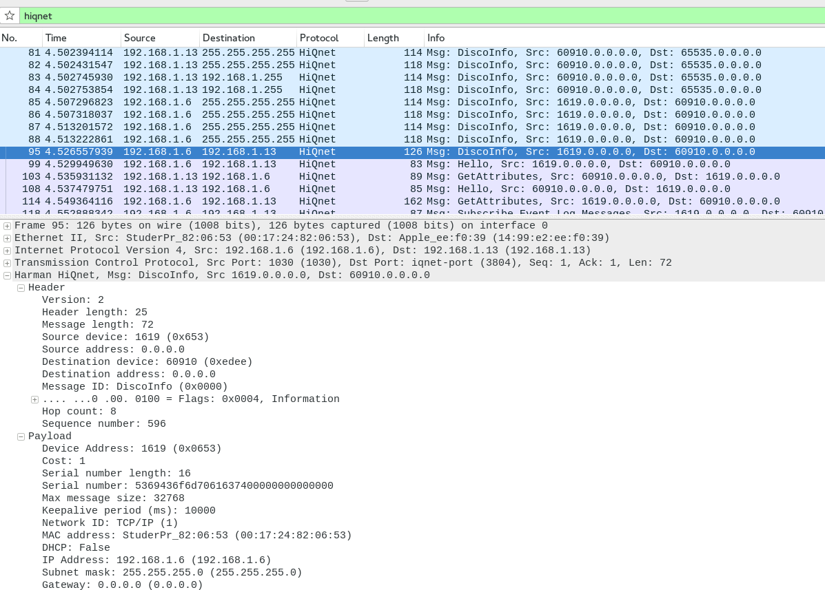 Capture d’écran Wireshark montrant le protocole HiQnet disséqué