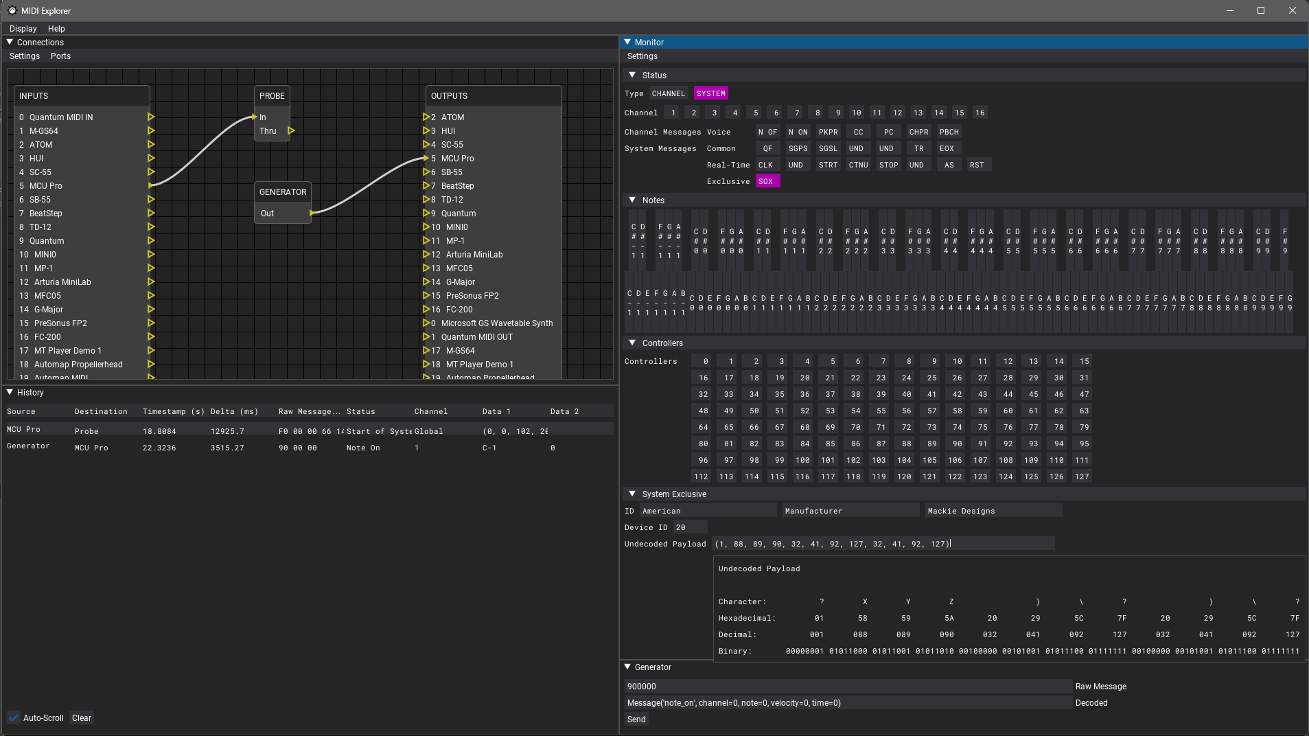Interface graphique de midiexplorer montrant le routage MIDI et l’analyse de messages SysEx